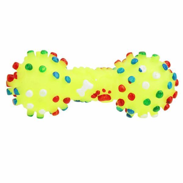 Colorful Dumbbells Dotted With Crumpled Dog Toys